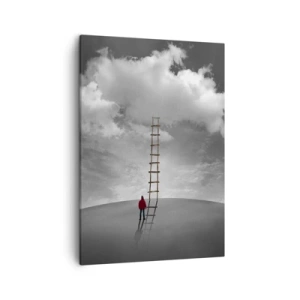 Obraz na płótnie - Mężczyzna w czerwonej kurtce patrzy na drabinę sięgającą chmur na pustej, piaszczystej przestrzeni - 50x70cm - Wszystko możliwe - Nowoczesna dekoracja ścienna do salonu, kuchni i sypialni ARTTOR