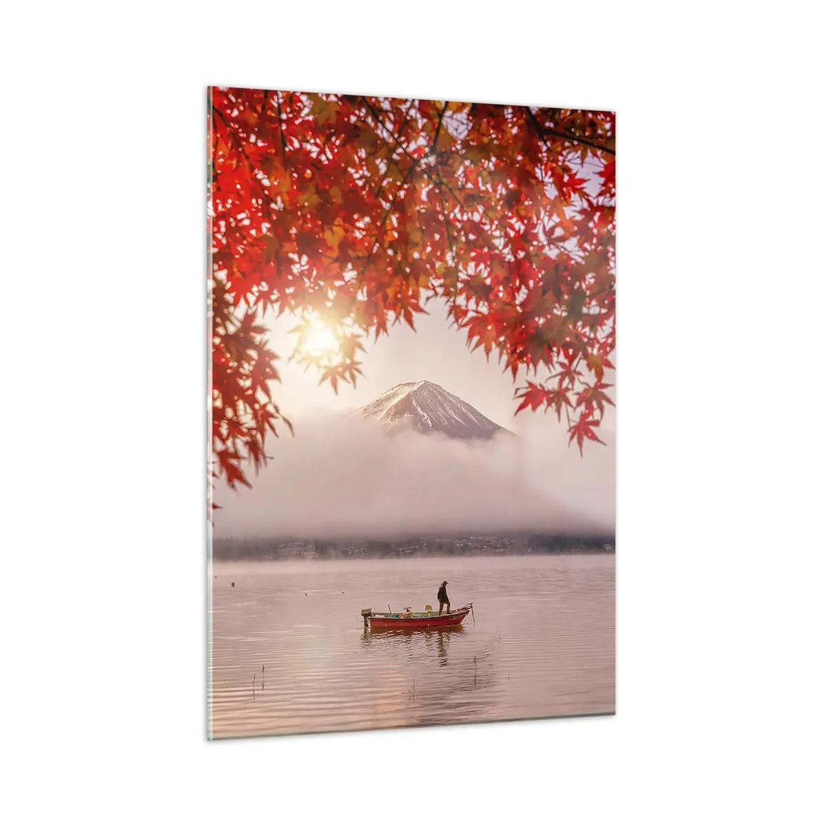 Obraz na szkle - Góra Fuji z łódką na jeziorze otoczonym czerwonymi liśćmi - 50x70cm - W japońskim klimacie - Nowoczesna dekoracja ścienna do salonu, kuchni i sypialni ARTTOR