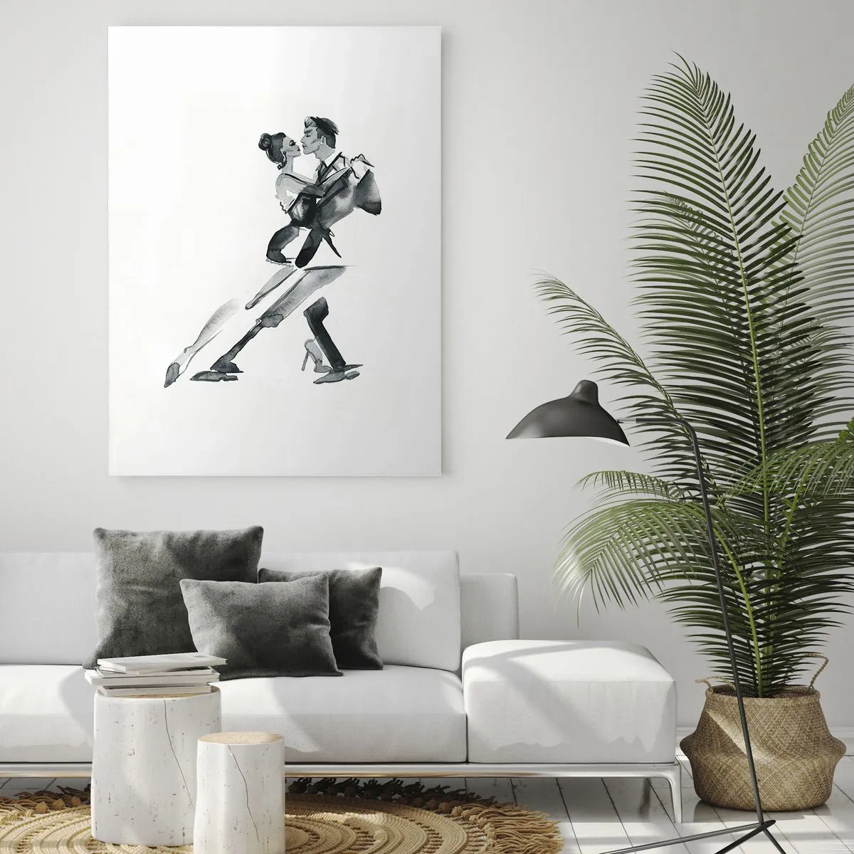 Obraz na szkle - Subtelna ilustracja pary tańczącej w monochromatycznym stylu - 80x120cm - W jednym rytmie - Nowoczesna dekoracja ścienna do salonu i sypialni ARTTOR