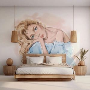 Fototapeta Premium Sand - Ilustracja kobiety w błękitnej sukni z blond włosami - 100x70cm - Rozmarzona w błękicie - Nowoczesna dekoracja ścienna do salonu, kuchni i sypialni ARTTOR