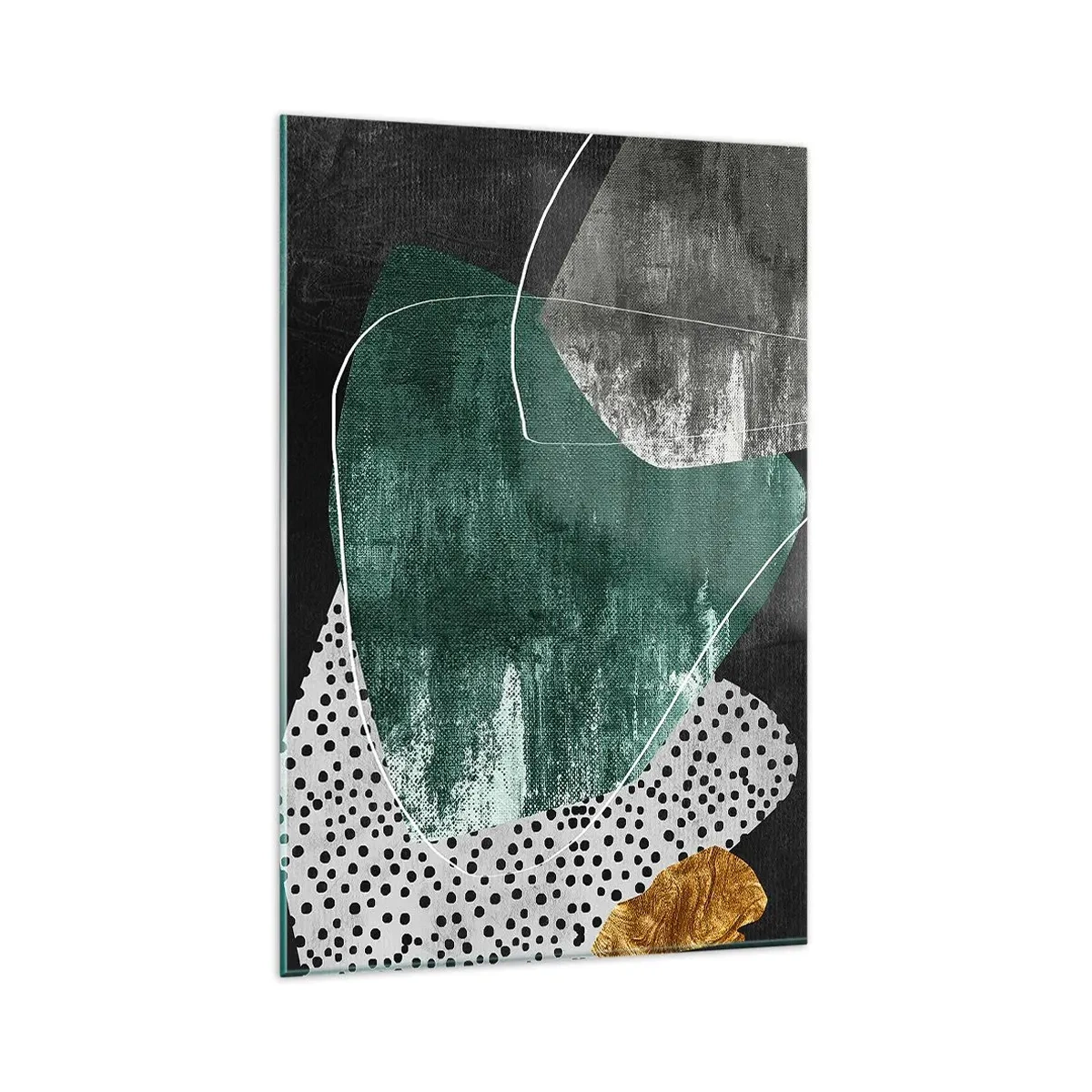 Obraz na szkle - Abstrakcyjna kompozycja z zielonymi kształtami i wzorami kropek - 80x120cm - Barwna abstrakcja z płatkiem złota - Nowoczesna dekoracja ścienna do salonu i sypialni ARTTOR