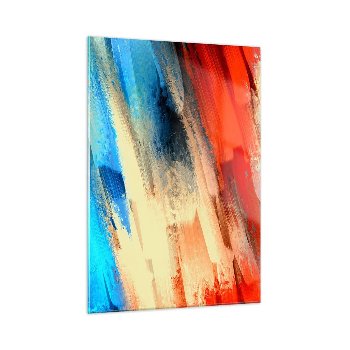Obraz na szkle - Abstrakcyjne pociągnięcia pędzla w odcieniach niebieskiego, czerwonego i beżu - 50x70cm - Kaskada barw - Nowoczesna dekoracja ścienna do salonu, kuchni i sypialni ARTTOR