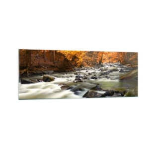 Obraz na szkle - Strumień w jesiennym lesie otoczony złotymi liśćmi - 140x50cm - Potok w złotym lesie - Nowoczesna dekoracja ścienna do salonu i sypialni ARTTOR