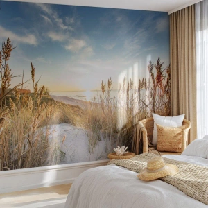 Fototapeta Premium Sand - Plaża o zachodzie słońca z trawami i piaskiem - 100x70cm - Północna plaża - Nowoczesna dekoracja ścienna do salonu, kuchni i sypialni ARTTOR