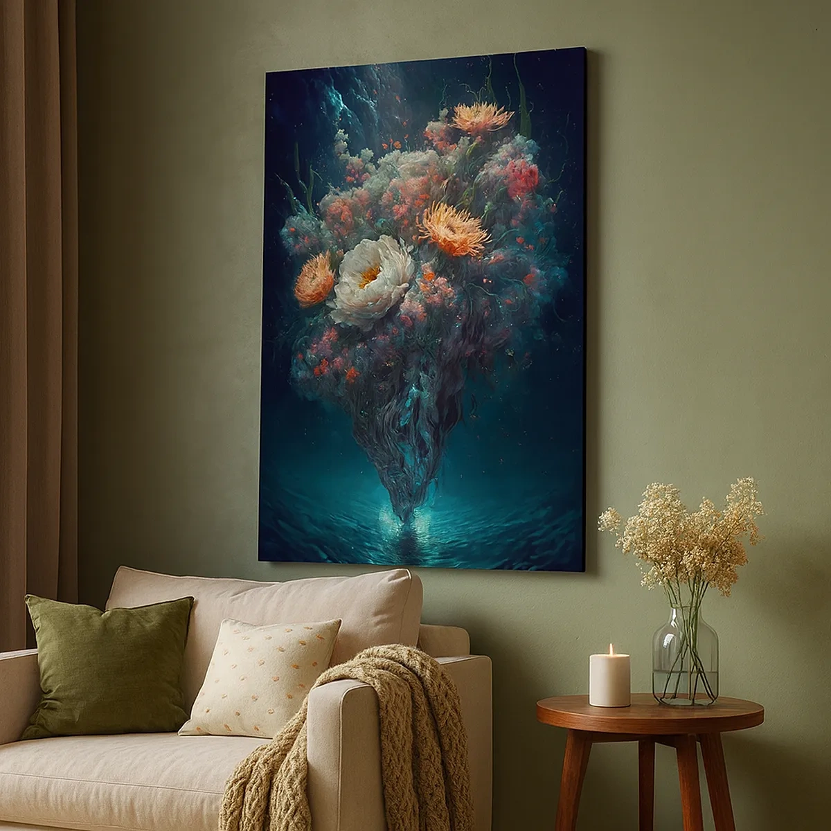 Obraz na płótnie - Fantazyjne kwiaty unoszące się nad wodą w tajemniczej scenerii - 50x70cm - Dziwny ogród - Nowoczesna dekoracja ścienna do salonu, kuchni i sypialni ARTTOR