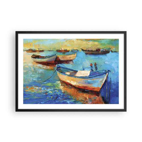 Plakat w czarnej ramie - Kolorowe łodzie zacumowane na spokojnej wodzie - 70x50cm - W południowej zatoce - Nowoczesna dekoracja ścienna do salonu i sypialni ARTTOR