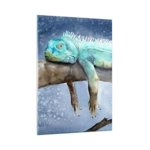 Obraz na szkle - Niebieska iguana leżąca na gałęzi w akwarelowym stylu - 50x70cm - Jest dobrze! - Nowoczesna dekoracja ścienna do salonu, kuchni i sypialni ARTTOR