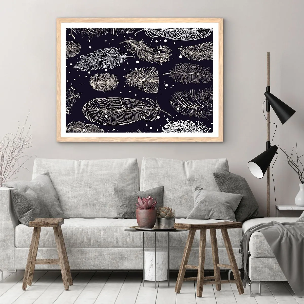 Plakat w ramie jasny dąb - Pierzasta koronka - 91x61 cm
