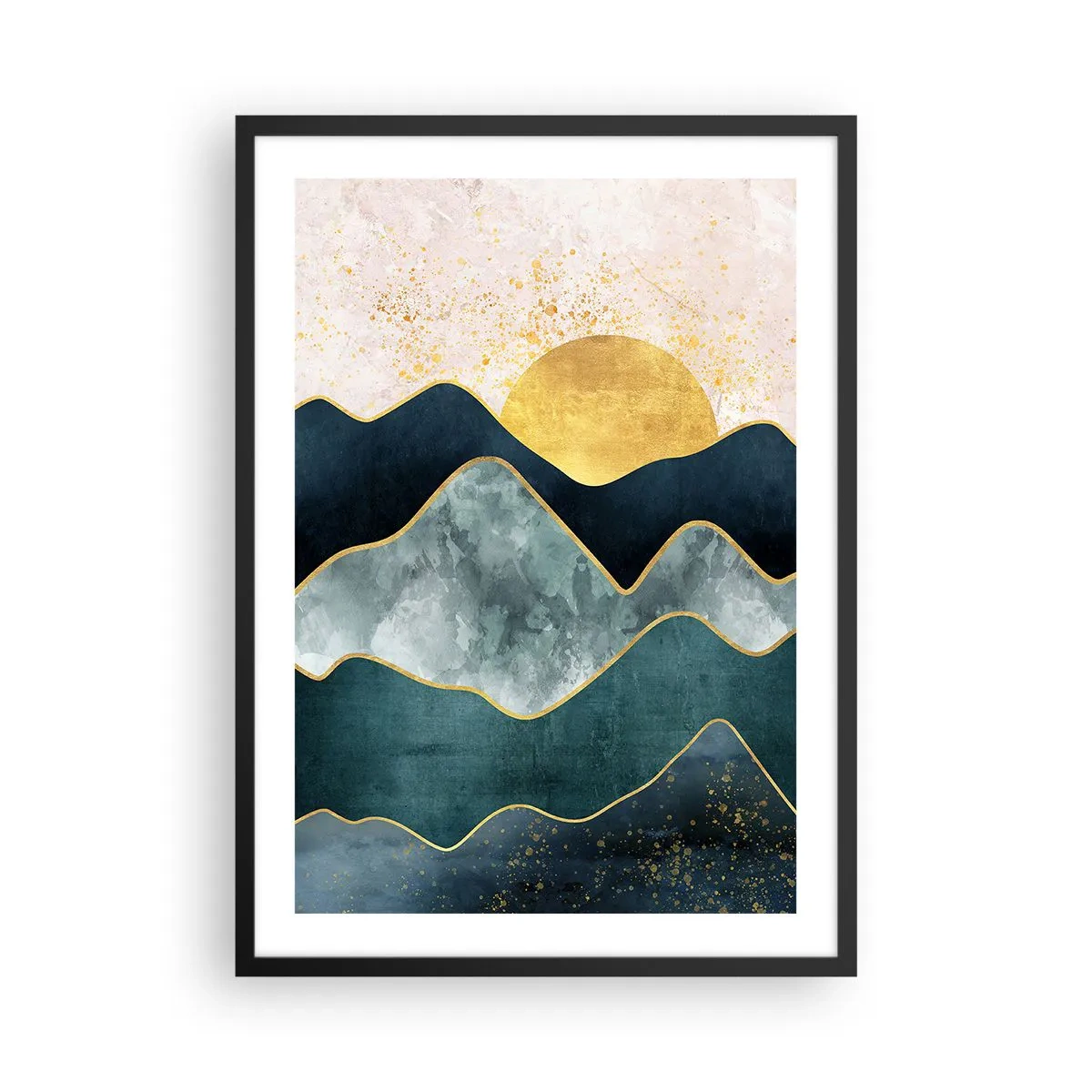 Plakat w czarnej ramie - Abstrakcyjne góry i złote słońce w tle - 50x70cm - Za siedmioma górami - Nowoczesna dekoracja ścienna do salonu i sypialni ARTTOR