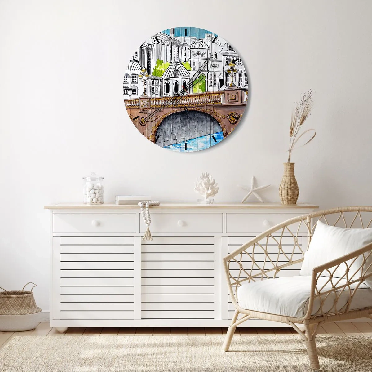 Zegar ścienny - Ilustracja architektury miejskiej z mostem - 30x30cm - Miasto jak malowane - Nowoczesna dekoracja ścienna do salonu, kuchni i sypialni ARTTOR