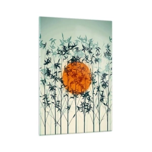 Obraz na szkle - Pomarańczowe słońce wśród bambusowych gałęzi - 70x100cm - Japońskie słońce - Nowoczesna dekoracja ścienna do salonu i sypialni ARTTOR