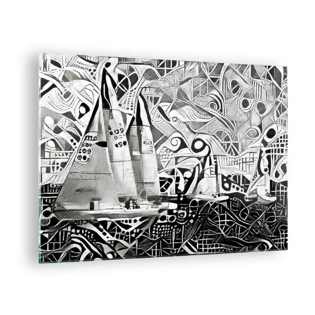 Obraz na szkle - Czarno-biała abstrakcja z żaglówkami i geometrycznymi wzorami - 70x50cm - Między falami - Nowoczesna dekoracja ścienna do salonu i sypialni ARTTOR