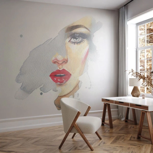 Fototapeta Premium Sand - Odbicie w kropli wody - Twarz Kobiety, Kobieta, Czerwone Usta - 300x210 cm