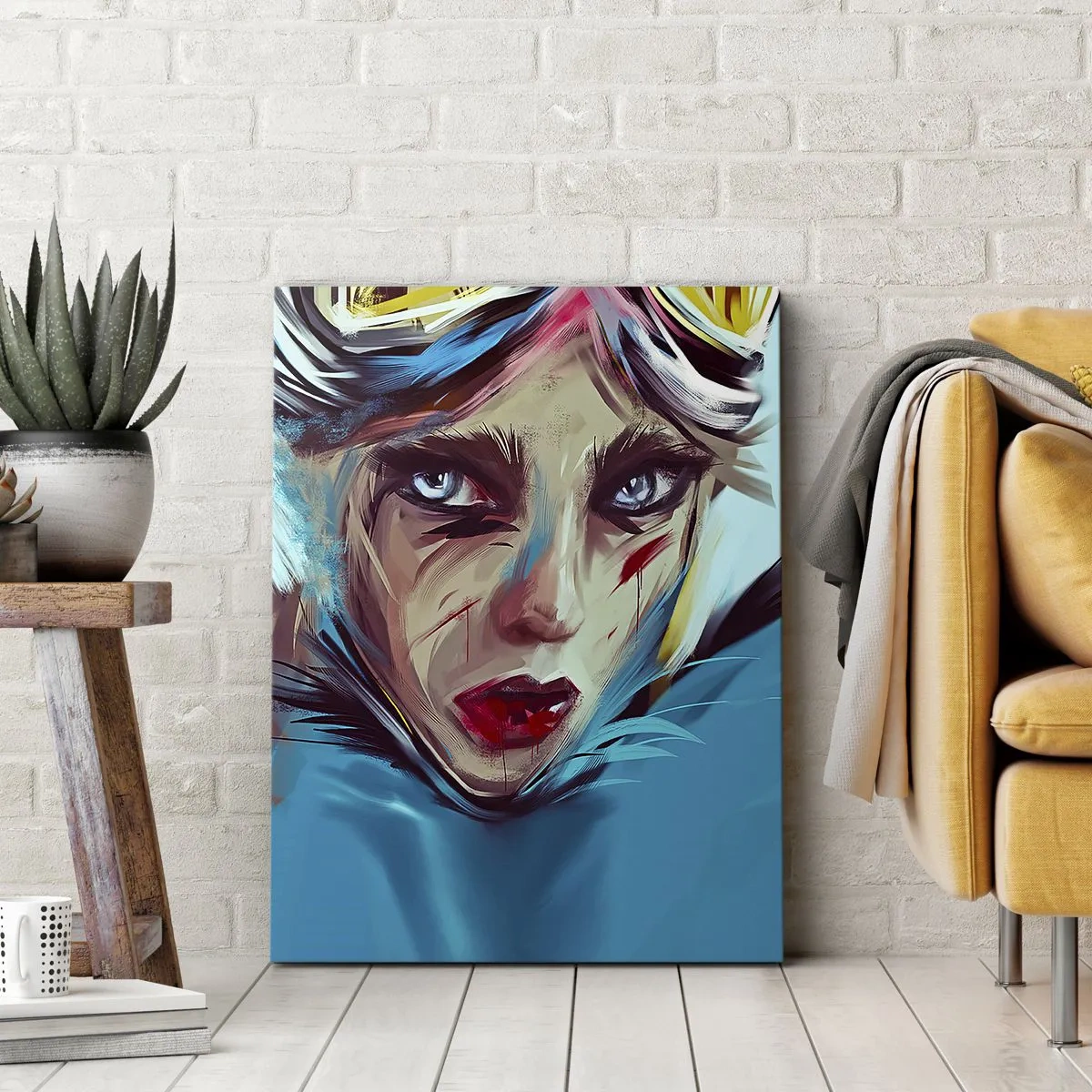 Obraz na płótnie - Portret kobiety w dynamicznych kolorach i abstrakcyjnym stylu - 80x120cm - Wojowniczka szos - Nowoczesna dekoracja ścienna do salonu i sypialni ARTTOR