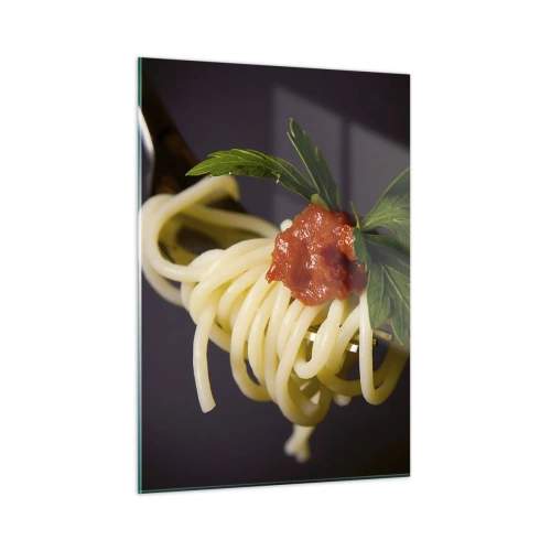 Obraz na szkle - Makaron spaghetti na widelcu z sosem pomidorowym - 50x70cm - Smakowity kęs - Nowoczesna dekoracja ścienna do salonu, kuchni i sypialni ARTTOR