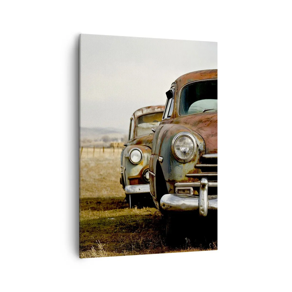 Obraz na płótnie - Dwa stare samochody na polnej drodze przy drewnianym płocie - 70x100cm - Zasłużony odpoczynek - Nowoczesna dekoracja ścienna do salonu i sypialni ARTTOR