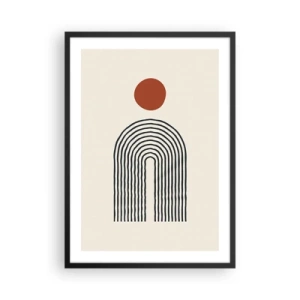 Plakat w czarnej ramie - Geometryczna abstrakcja z liniowym łukiem i czerwonym kołem - 50x70cm - Magnetyzm kształtów i barw - Nowoczesna dekoracja ścienna do salonu i sypialni ARTTOR