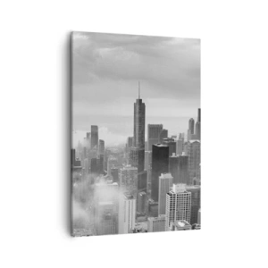 Obraz na płótnie - Czarno-biała panorama nowoczesnego miasta otoczonego mgłą - 50x70cm - Pejzaż amerykański - Nowoczesna dekoracja ścienna do salonu, kuchni i sypialni ARTTOR