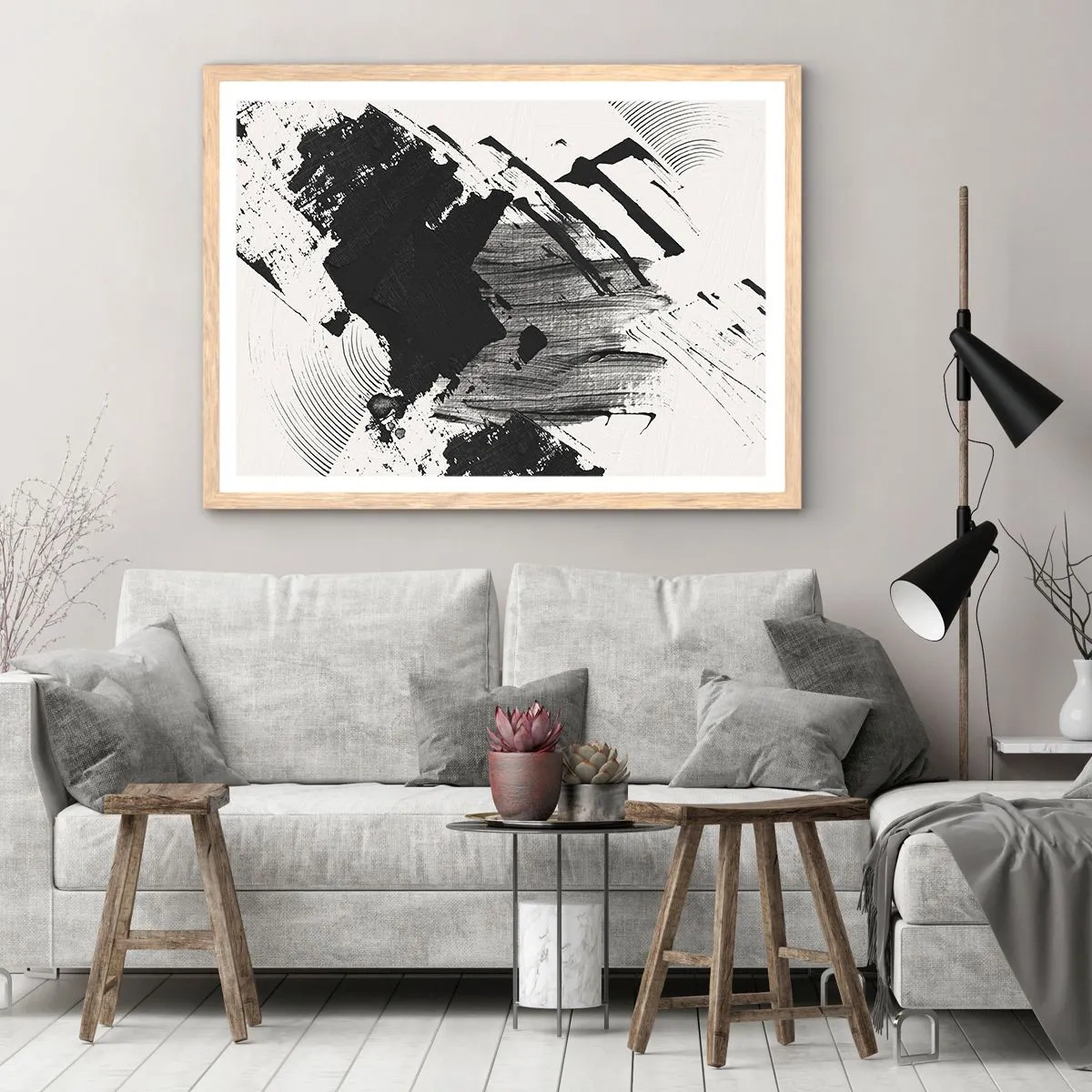 Plakat w ramie jasny dąb - Abstrakcja – ekspresja czerni - 100x70 cm