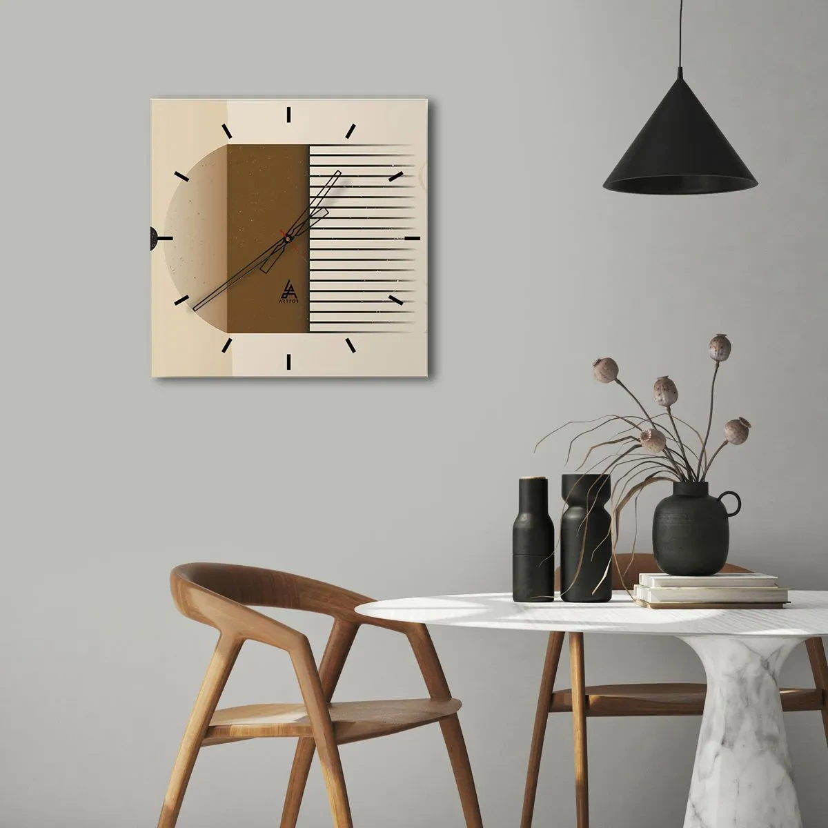 Zegar ścienny - Abstrakcyjna kompozycja geometryczna w beżach i brązach - 30x30cm - Różne stany - Nowoczesna dekoracja ścienna do salonu i sypialni ARTTOR