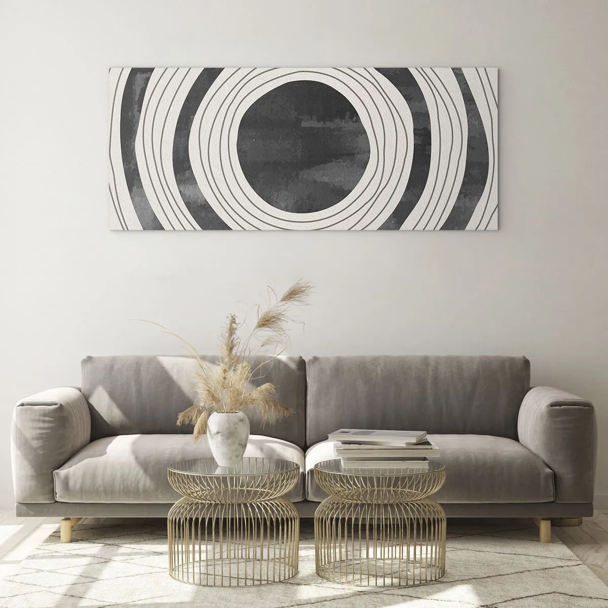 Obraz na szkle - Czarno-białe koncentryczne okręgi na jasnym tle - 140x50cm - W samo sedno - Nowoczesna dekoracja ścienna do salonu i sypialni ARTTOR