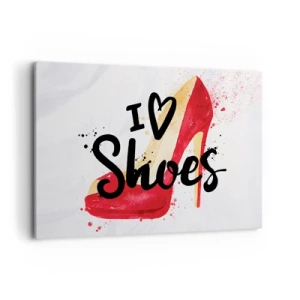 Obraz na płótnie - Czerwony szpilka z napisem I love Shoes na białym tle - 120x80cm - Miłość niejedno ma imię - Nowoczesna dekoracja ścienna do salonu, kuchni i sypialni ARTTOR