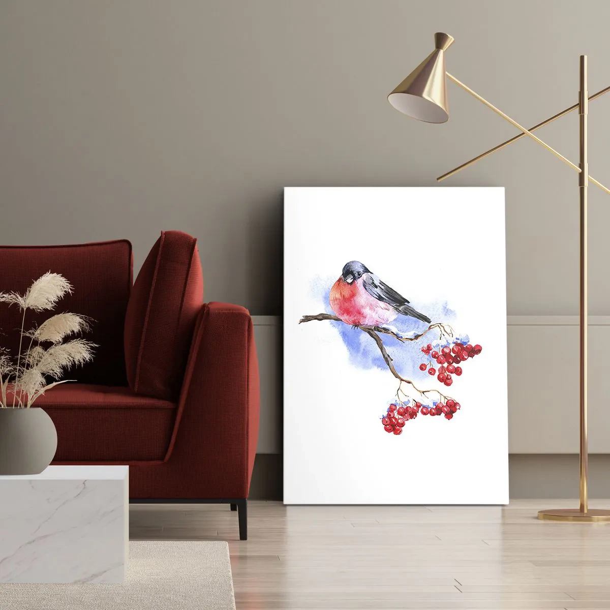 Obraz na płótnie - Szczygieł na gałęzi z czerwonymi owocami - 50x70cm - Zima w kolorze - Nowoczesna dekoracja ścienna do salonu, kuchni i sypialni ARTTOR