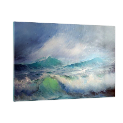 Obraz na szkle - Wzburzone fale oceanu z ptakami na pochmurnym niebie - 120x80cm - "Wicher z tryumfem zawył…' - Nowoczesna dekoracja ścienna do salonu, kuchni i sypialni ARTTOR