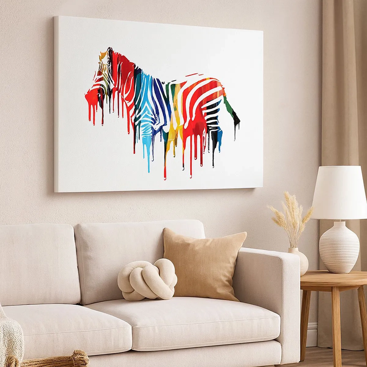 Obraz na płótnie - Abstrakcyjna zebra w kolorowych barwach z efektem farby - 70x50cm - Nie tylko czarno-biały - Nowoczesna dekoracja ścienna do salonu i sypialni ARTTOR