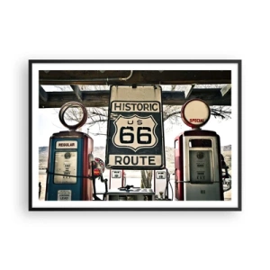 Plakat w czarnej ramie - Historyczna stacja benzynowa z symbolem Route 66 - 100x70cm - Amerykańska retro podróż - Nowoczesna dekoracja ścienna do salonu i sypialni ARTTOR