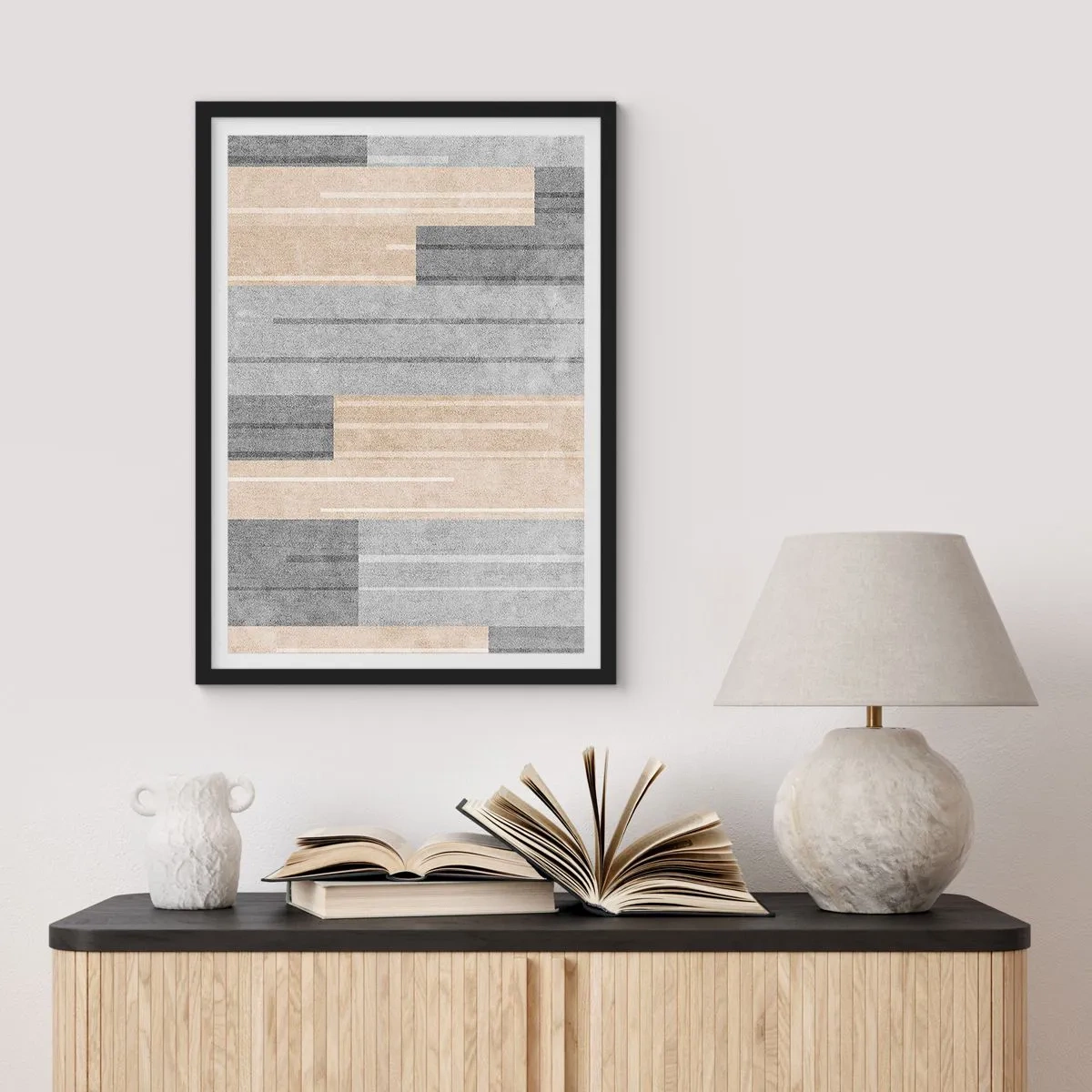 Plakat w czarnej ramie - Nowoczesna kompozycja geometryczna w odcieniach szarości i beżu - 50x70cm - Kompozycja: trzymać pion - Nowoczesna dekoracja ścienna do salonu i sypialni ARTTOR