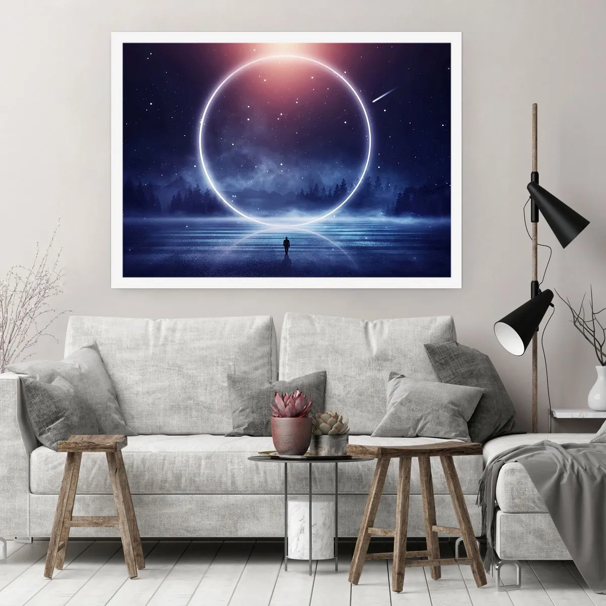 Plakat - Magiczny krajobraz z postacią i świetlistym kręgiem nocą - 100x70cm - Już tu są… - Nowoczesna dekoracja ścienna do salonu i sypialni ARTTOR