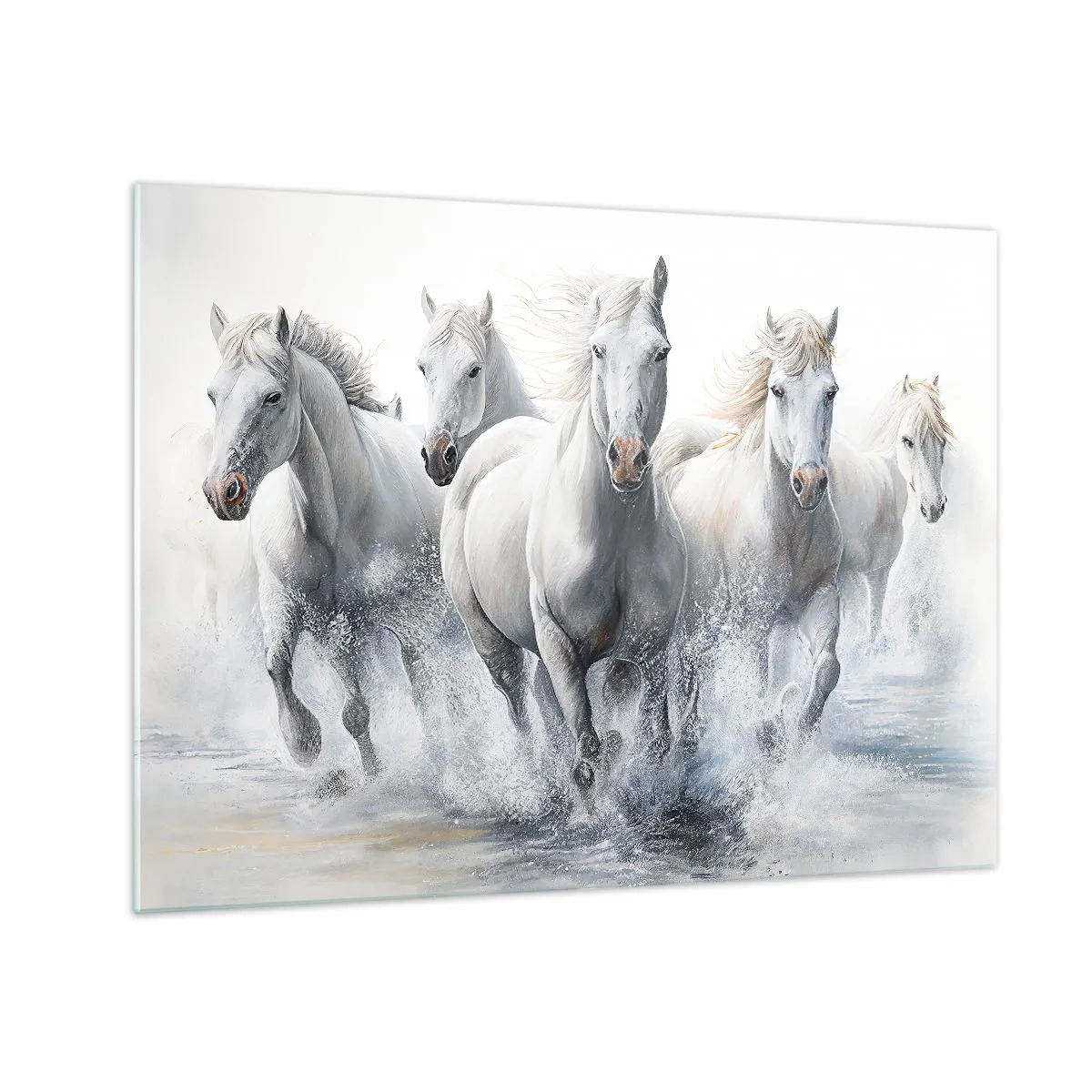 Obraz na szkle - Białe konie galopujące przez wodę w dynamicznej kompozycji - 70x50cm - Biała magia - Nowoczesna dekoracja ścienna do salonu i sypialni ARTTOR