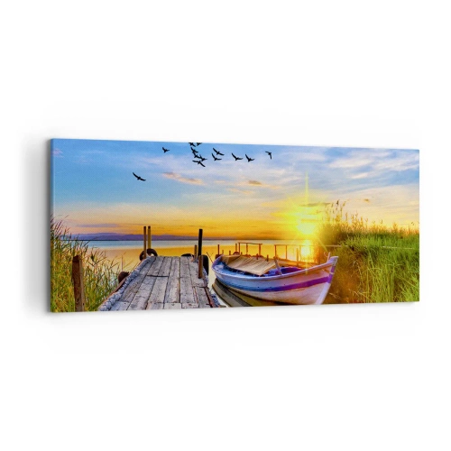 Obraz na płótnie - Łódka przy drewnianym pomoście o zachodzie słońca - 120x50cm - Do widzenia, do jutra - Nowoczesna dekoracja ścienna do salonu i sypialni ARTTOR