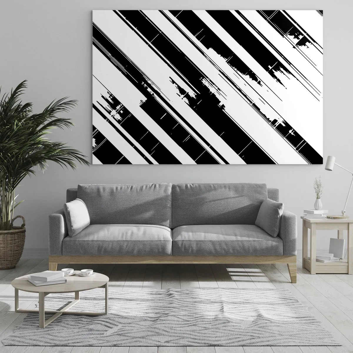 Obraz na szkle - Dynamiczne czarno-białe pasy z efektem przetarć - 70x50cm - Kompozycja intensywna i dynamiczna - Nowoczesna dekoracja ścienna do salonu i sypialni ARTTOR