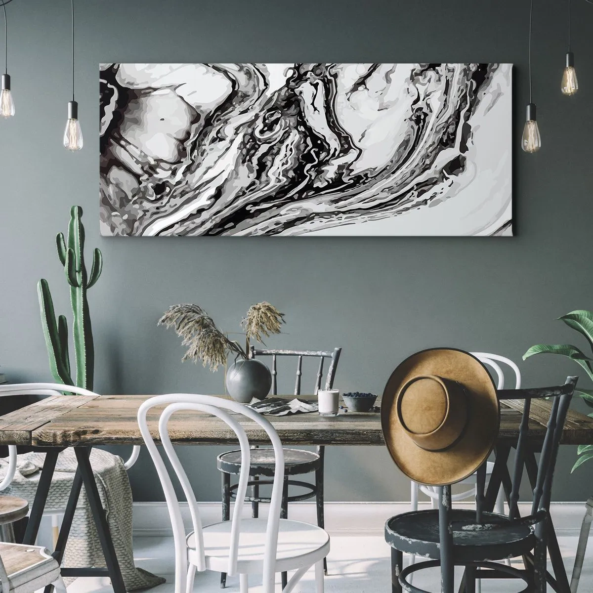 Obraz na płótnie - Abstrakcyjny marmurkowy wzór w czerni i bieli - 160x50cm - Na poczatku był chaos - Nowoczesna dekoracja ścienna do salonu i sypialni ARTTOR