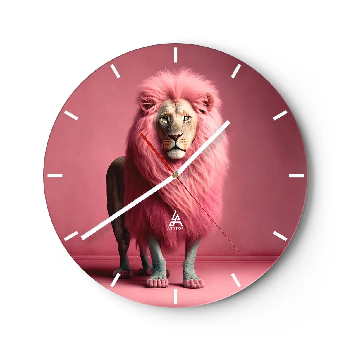 Zegar ścienny - Lew z intensywnie różową grzywą na tle w tym samym kolorze - 30x30cm - I już się nie boisz - Nowoczesna dekoracja ścienna do salonu, kuchni i sypialni ARTTOR