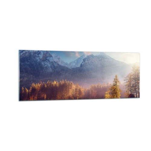 Obraz na szkle - Malowniczy widok na górski las i jezioro o świcie - 140x50cm - W górach i dolinach - Nowoczesna dekoracja ścienna do salonu i sypialni ARTTOR