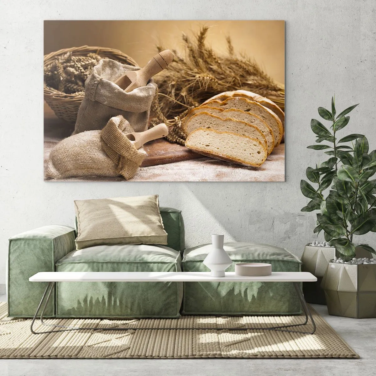 Obraz na szkle - Chleb, mąka i kłosy zboża w rustykalnym stylu - 100x70cm - Jak nożem uciął - Nowoczesna dekoracja ścienna do salonu, kuchni i sypialni ARTTOR