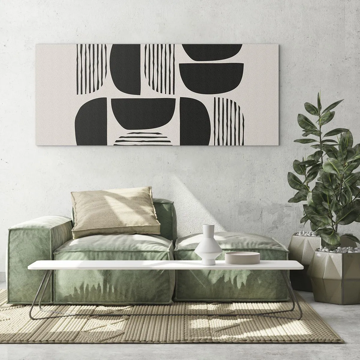 Obraz na szkle - Geometria z półkolami i liniami w czerni na jasnym tle - 140x50cm - Połowiczne układy - Nowoczesna dekoracja ścienna do salonu i sypialni ARTTOR