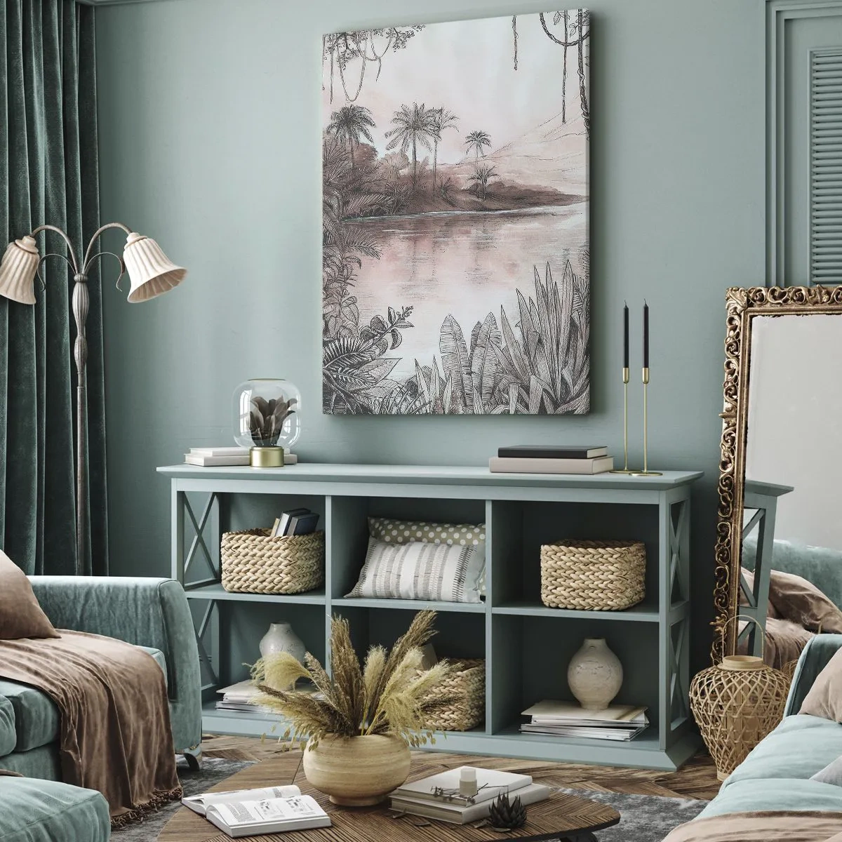 Obraz na płótnie - Rysunkowy pejzaż tropikalny w stylu vintage z palmami i wodą - 70x100cm - XIX-wieczny pamiętnik odkrywcy - Nowoczesna dekoracja ścienna do salonu i sypialni ARTTOR