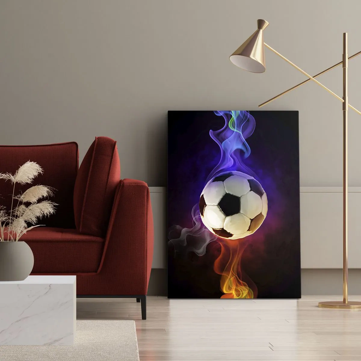 Obraz na płótnie - Piłka nożna otoczona kolorowym dymem na ciemnym tle - 50x70cm - Magiczna moc gry - Nowoczesna dekoracja ścienna do salonu, kuchni i sypialni ARTTOR
