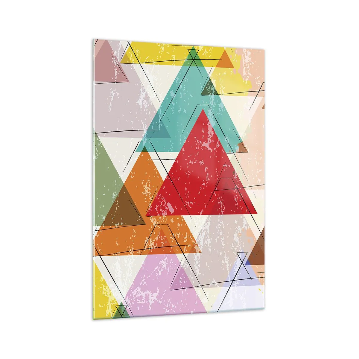 Obraz na szkle - Kolorowa abstrakcja z geometrycznymi trójkątami - 70x100cm - Trzy po trzy - Nowoczesna dekoracja ścienna do salonu i sypialni ARTTOR