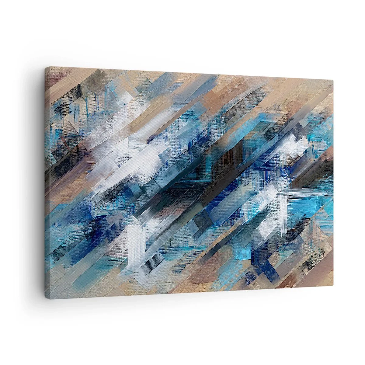 Obraz na płótnie - Abstrakcyjna kompozycja z błękitnymi ukośnymi liniami - 70x50cm - Po błękitnym skosie - Nowoczesna dekoracja ścienna do salonu i sypialni ARTTOR