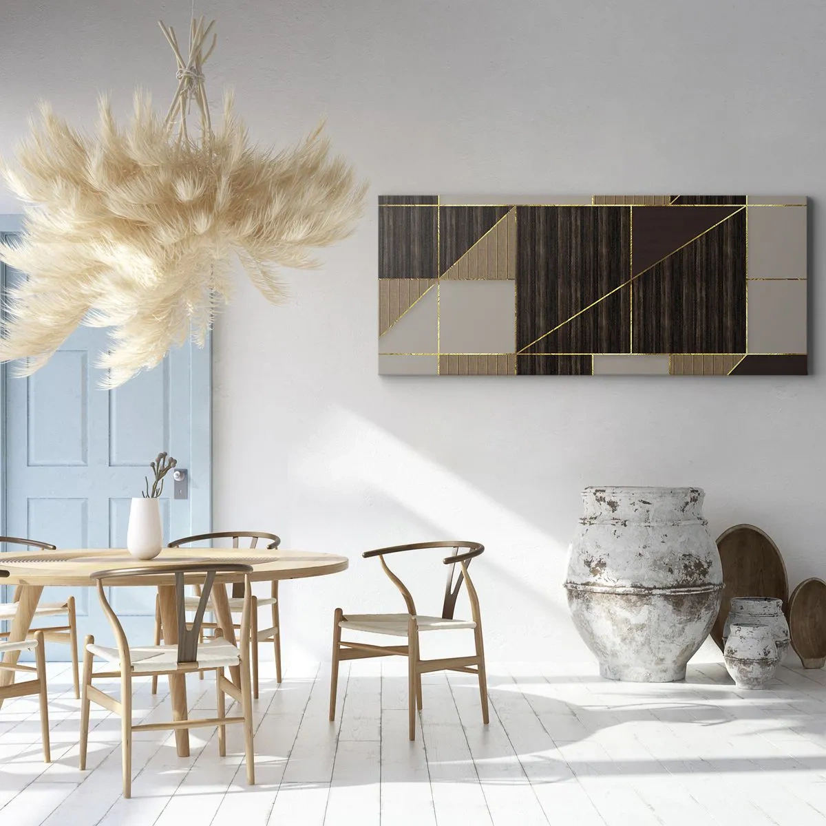 Obraz na płótnie - Geometryczne wzory w odcieniach brązu ze złotymi liniami - 160x50cm - Mozaika brązów i złota - Nowoczesna dekoracja ścienna do salonu i sypialni ARTTOR