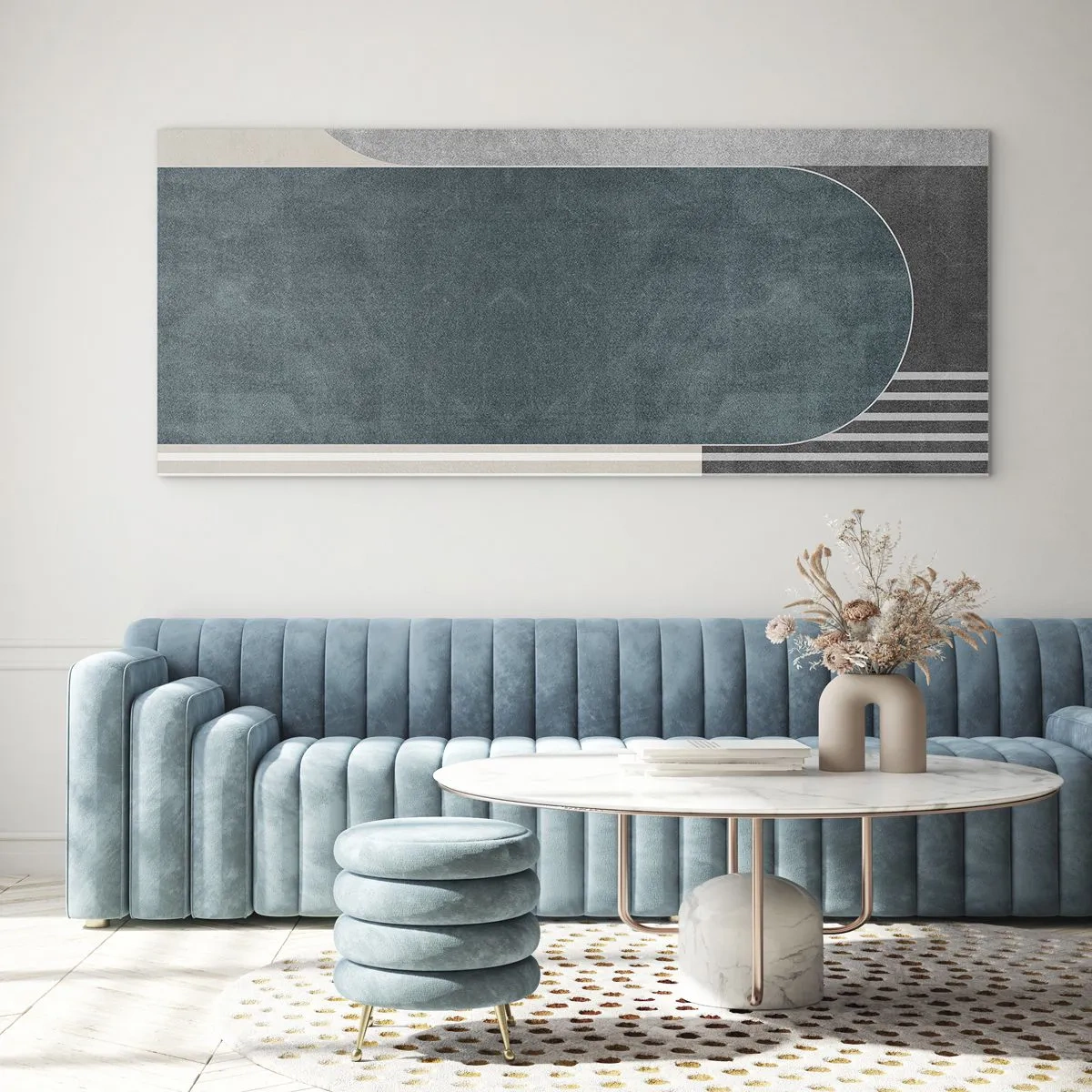 Obraz na szkle - Geometryczna abstrakcja w odcieniach szarości i zieleni - 160x50cm - Kompozycja na poziomie - Nowoczesna dekoracja ścienna do salonu i sypialni ARTTOR