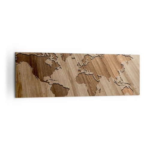 Obraz na płótnie - Mapa świata wycięta na drewnianej powierzchni - 160x50cm - Świat podany na stole - Nowoczesna dekoracja ścienna do salonu i sypialni ARTTOR