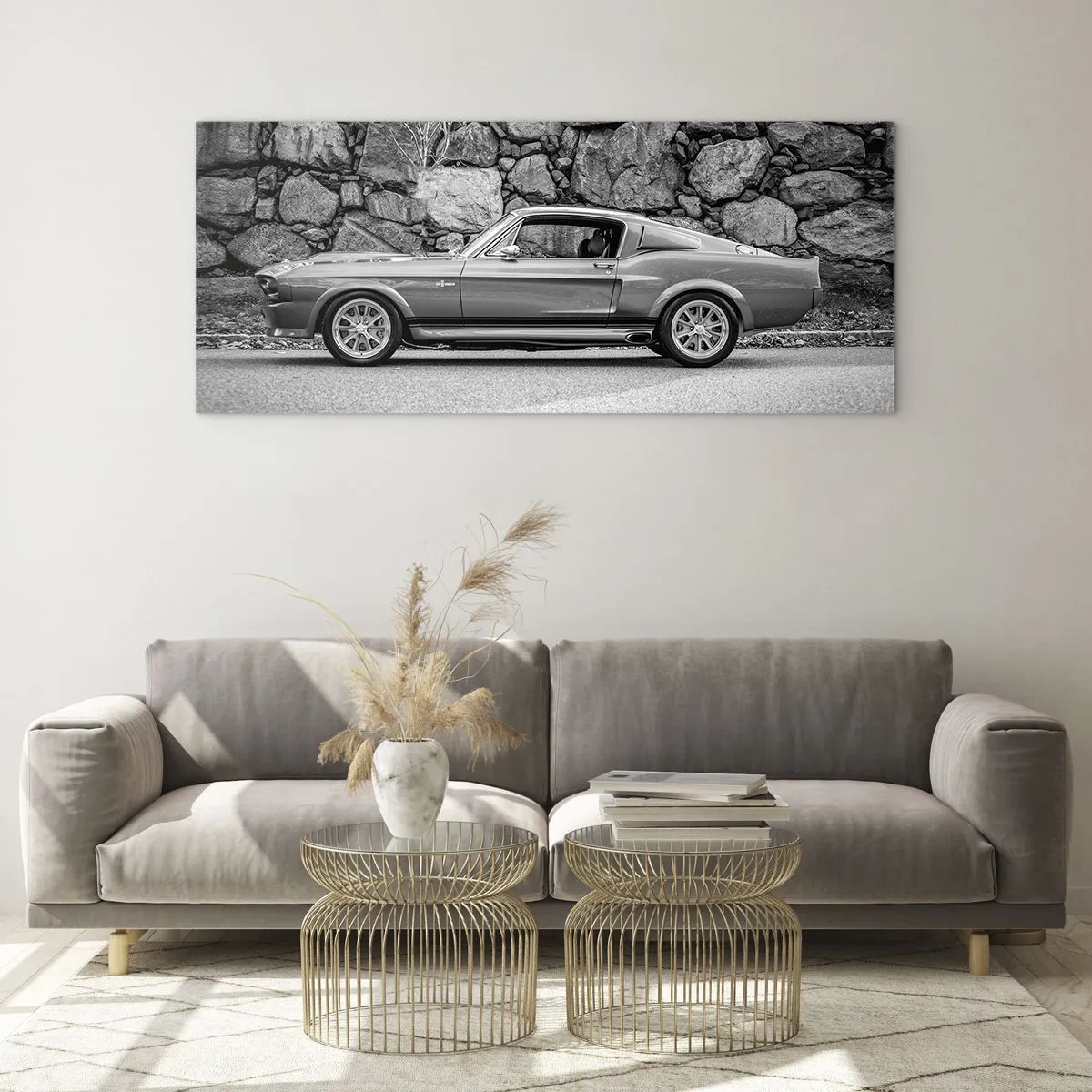 Obraz na szkle - Czarno-białe zdjęcie klasycznego samochodu - 120x50cm - Legenda lat 60. - Nowoczesna dekoracja ścienna do salonu i sypialni ARTTOR