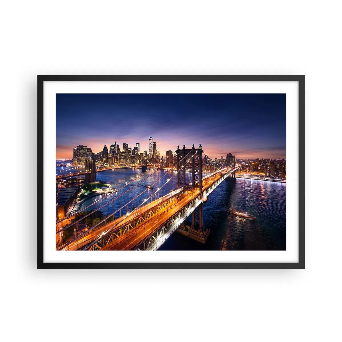 Plakat w czarnej ramie - Most i panorama miasta o zachodzie słońca - 70x50cm - Świetlistym mostem do serca miasta - Nowoczesna dekoracja ścienna do salonu i sypialni ARTTOR