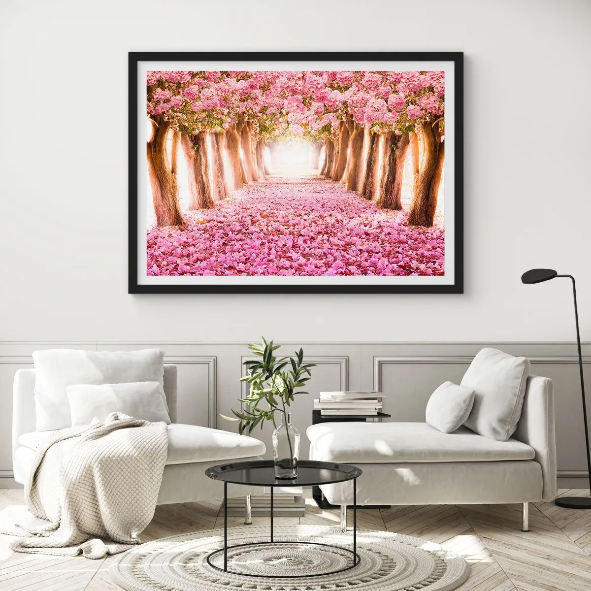 Plakat w czarnej ramie - Aleja kwitnących drzew w odcieniach różu - 70x50cm - Droga do raju - Nowoczesna dekoracja ścienna do salonu i sypialni ARTTOR